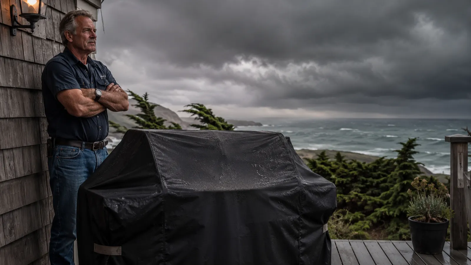 Wide shot of a covered grill on a patio with dark storm clouds gathering overhead