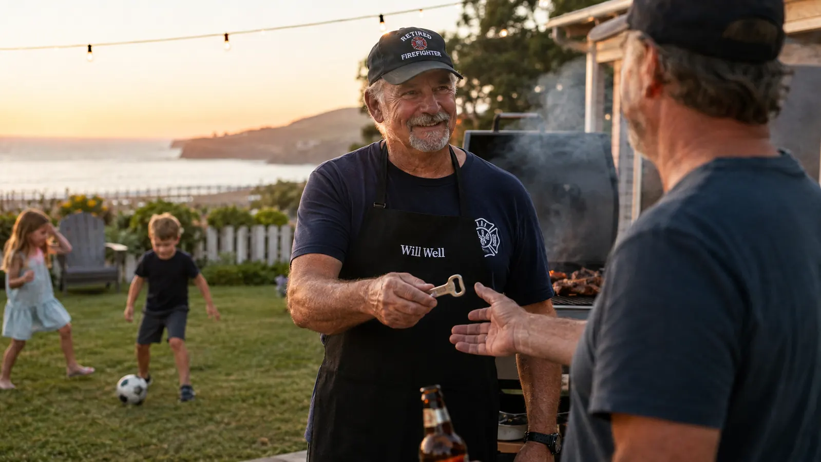 A man in a black apron handing a bottle opener to a friend at a backyard cookout while two kids play nearby