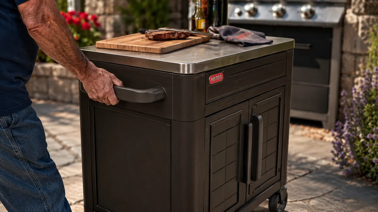 A hand rolling a dark brown resin prep cart across a patio toward a grill, wheels visible in motion