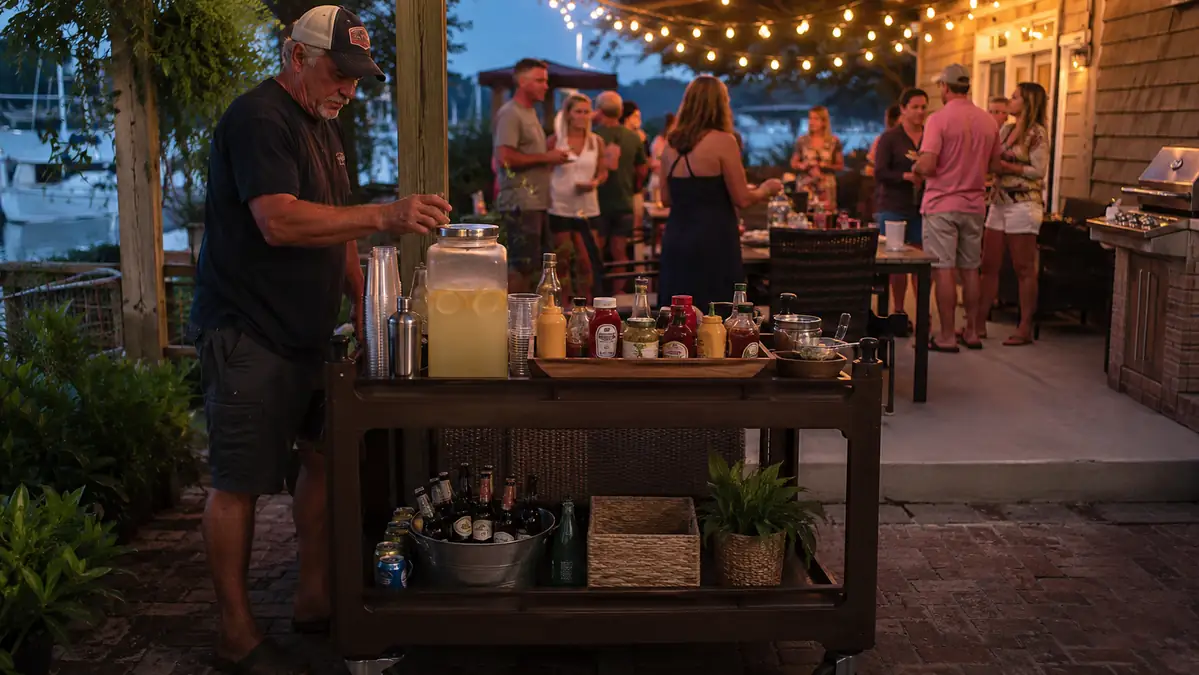 A rolling prep cart set up as a drink and condiment station at a backyard cookout with guests nearby