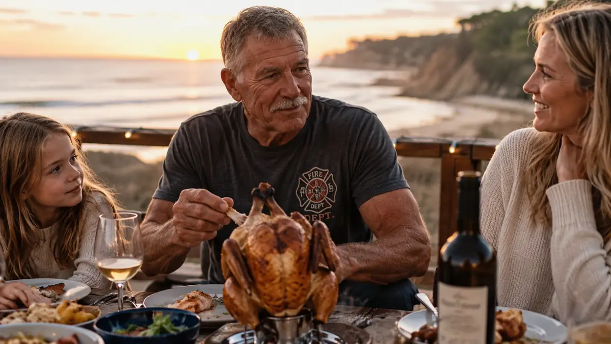 Family gathered around a table with a whole roasted chicken served upright on its stand