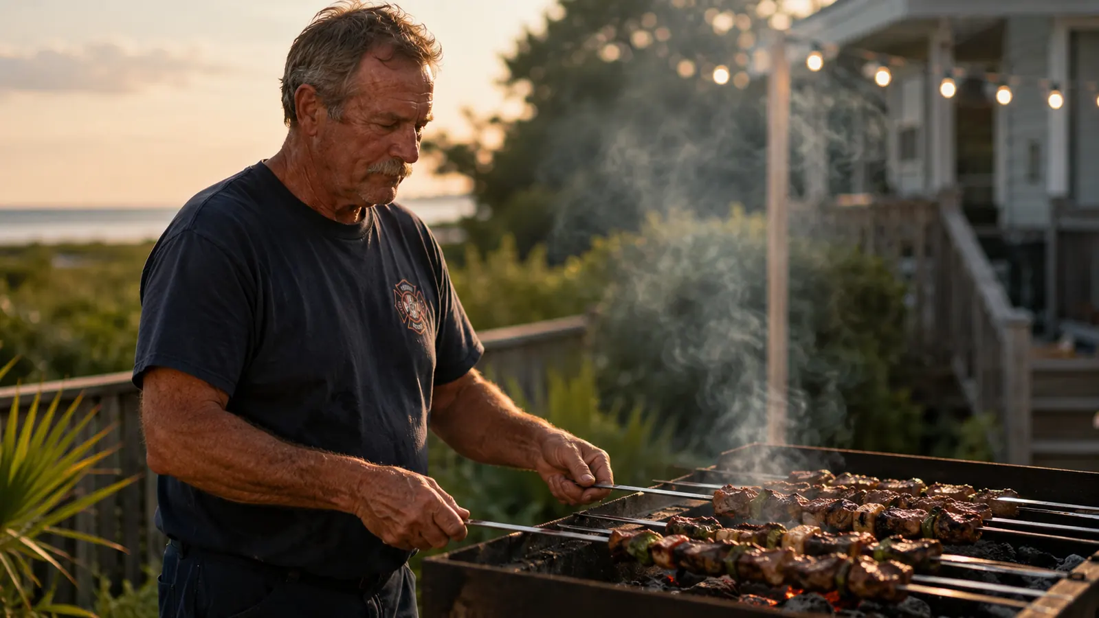 A backyard griller turning flat metal skewers over glowing coals at golden hour with smoke rising