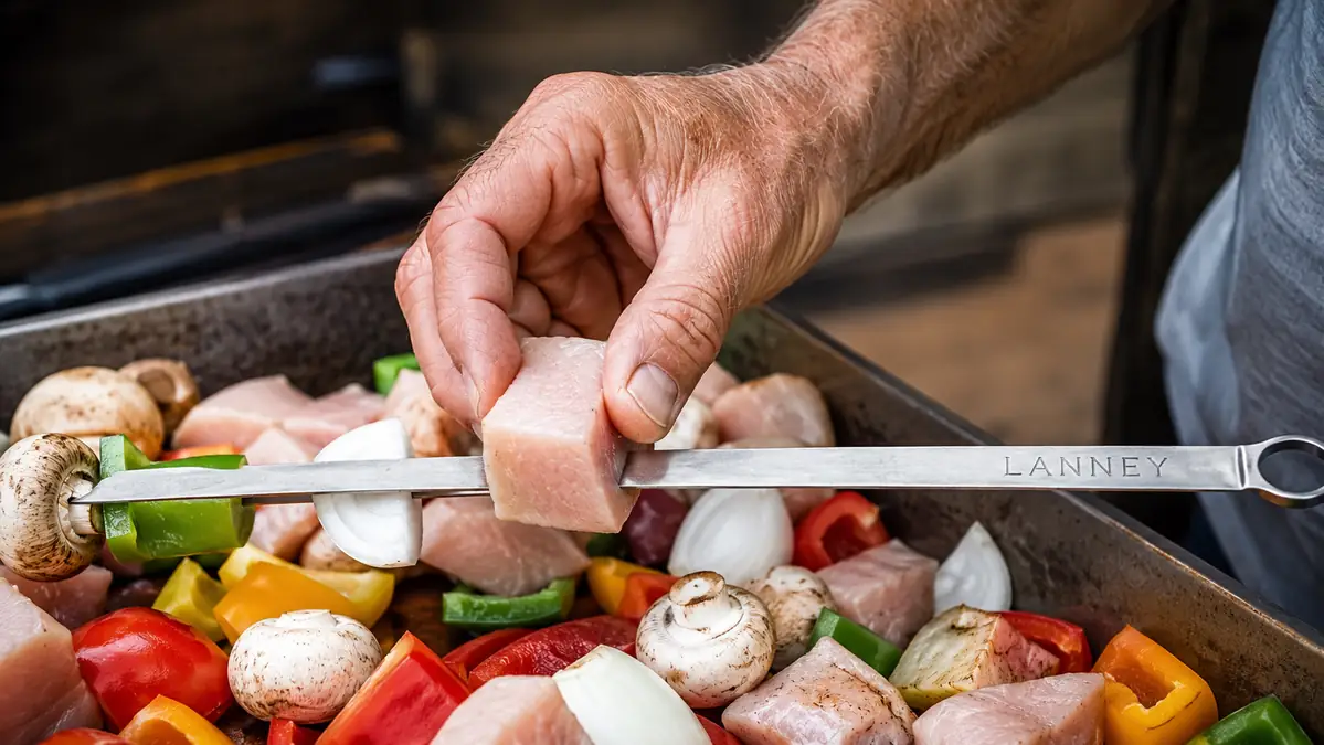 Hand threading marinated chicken and bell pepper pieces onto a LANNEY flat stainless steel skewer