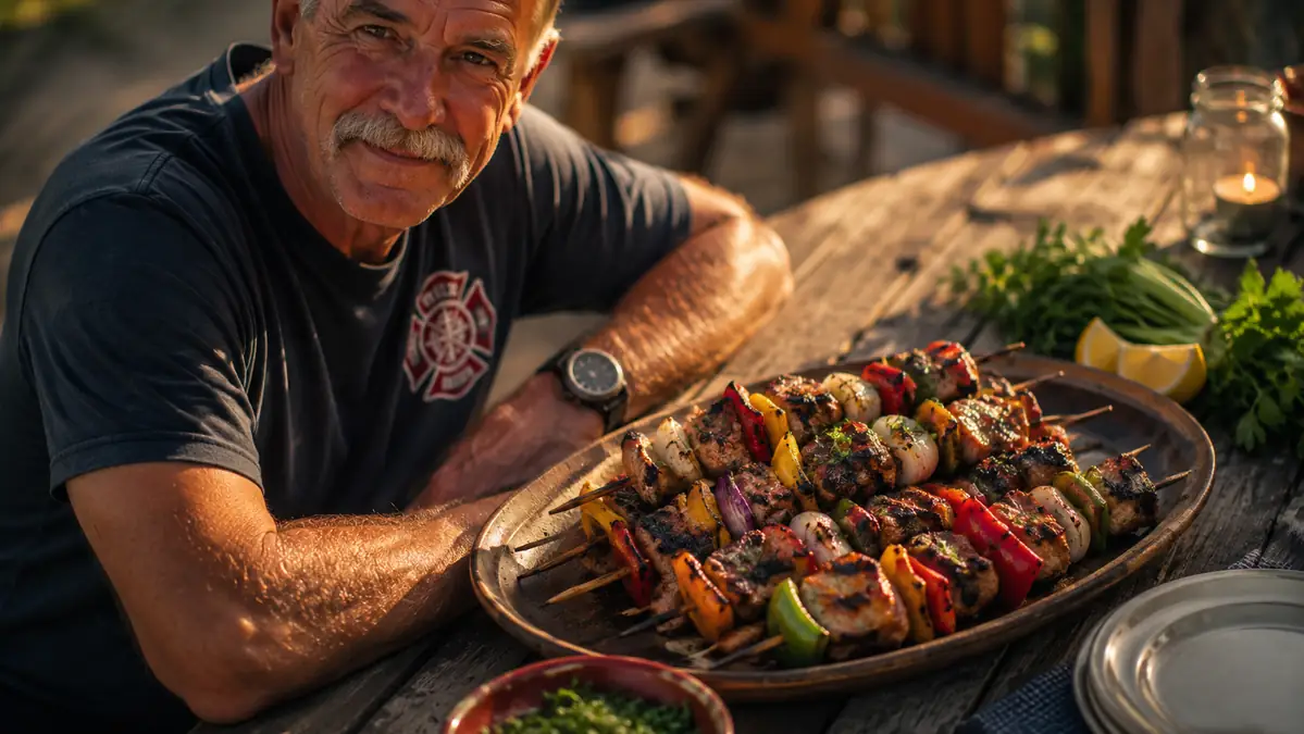 Platter of finished kabobs with charred edges and juicy centers set on an outdoor table for a backyard cookout
