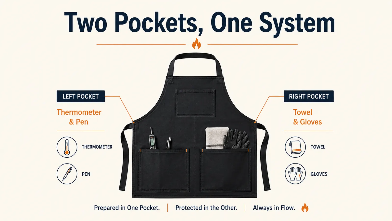 Simple diagram-style chart showing the two front pockets of a grilling apron labeled with which tools go in each side