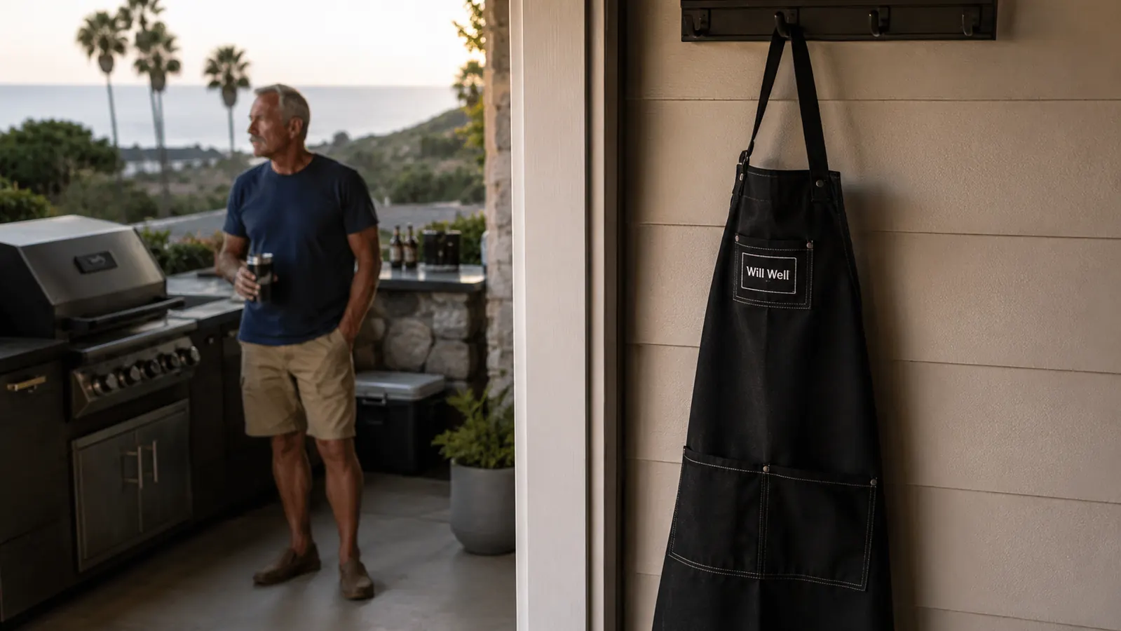 A black chef apron hanging on a hook near a garage door beside a grill, ties loose and pockets visible