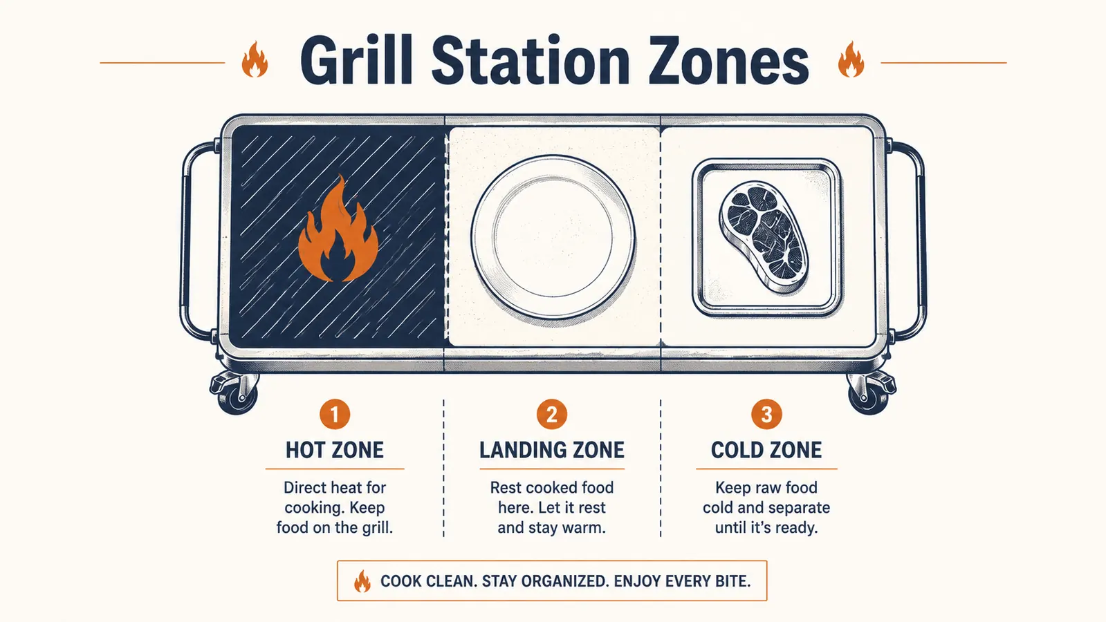 Simple diagram-style chart showing a rolling prep cart top surface divided into a raw prep zone and a finished food zone