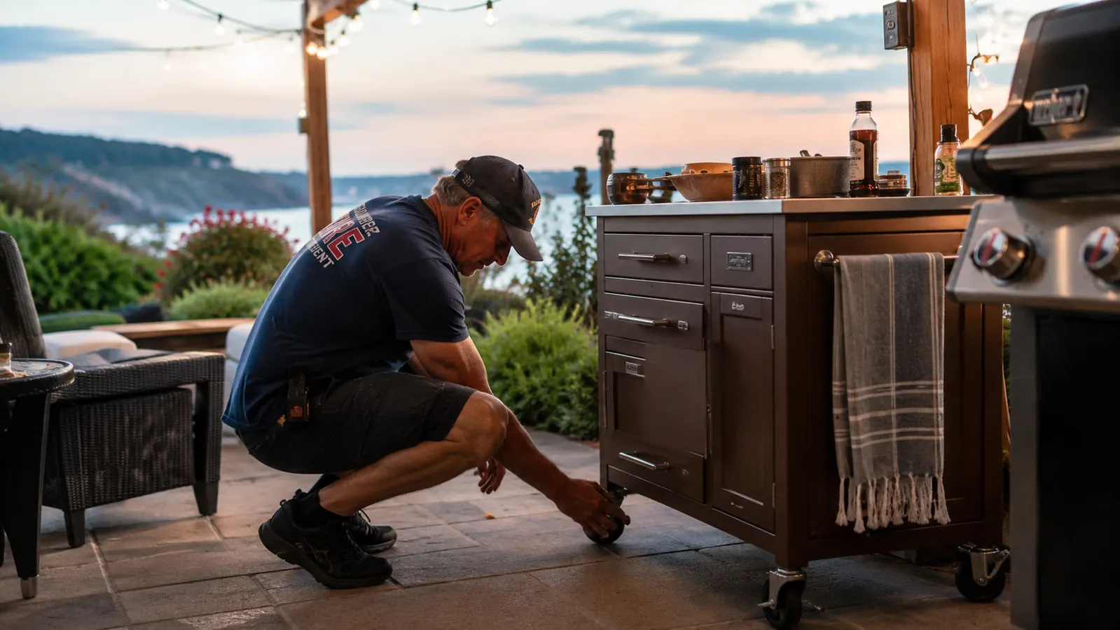 A man locking the front wheels of a rolling prep cart parked beside a grill on a patio at dusk