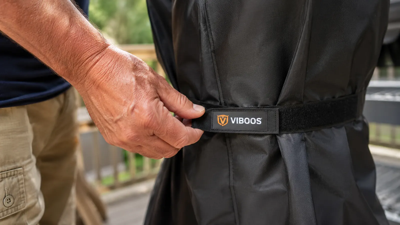 Hand pulling the hook-and-loop strap tight around the middle of a black VIBOOS grill cover fitted over a gas grill