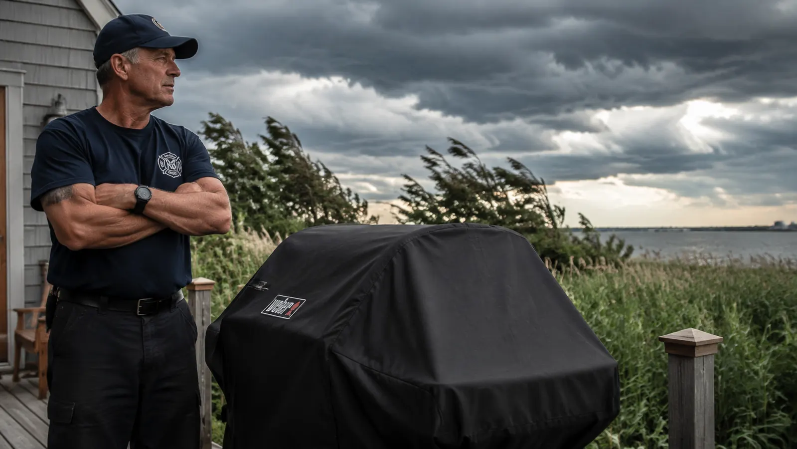 A covered gas grill standing steady on a patio during a windy, overcast coastal evening with storm clouds rolling in