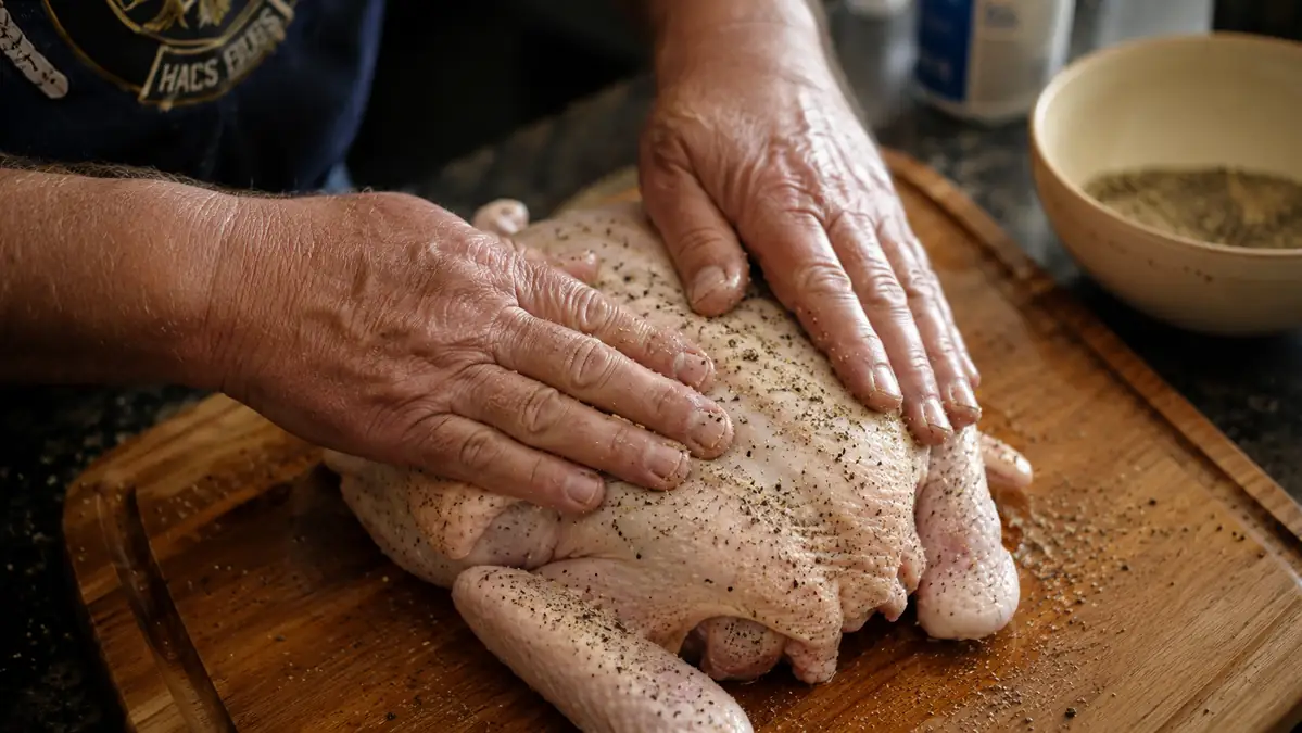 Hands dry-brining a whole chicken with salt and pepper on a cutting board before grilling