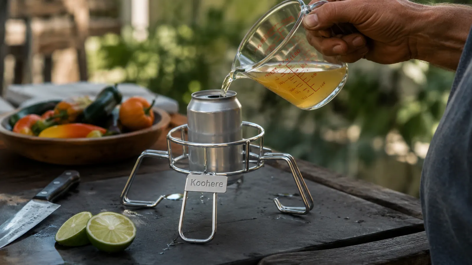 Hand pouring apple cider into the liquid chamber of the Koohere stainless steel chicken holder