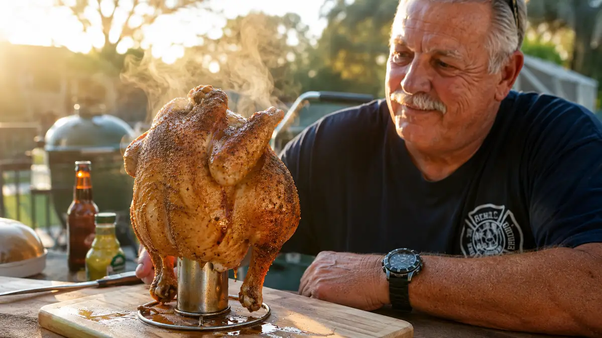 Golden roasted whole chicken standing upright on its stand, resting on a cutting board before carving