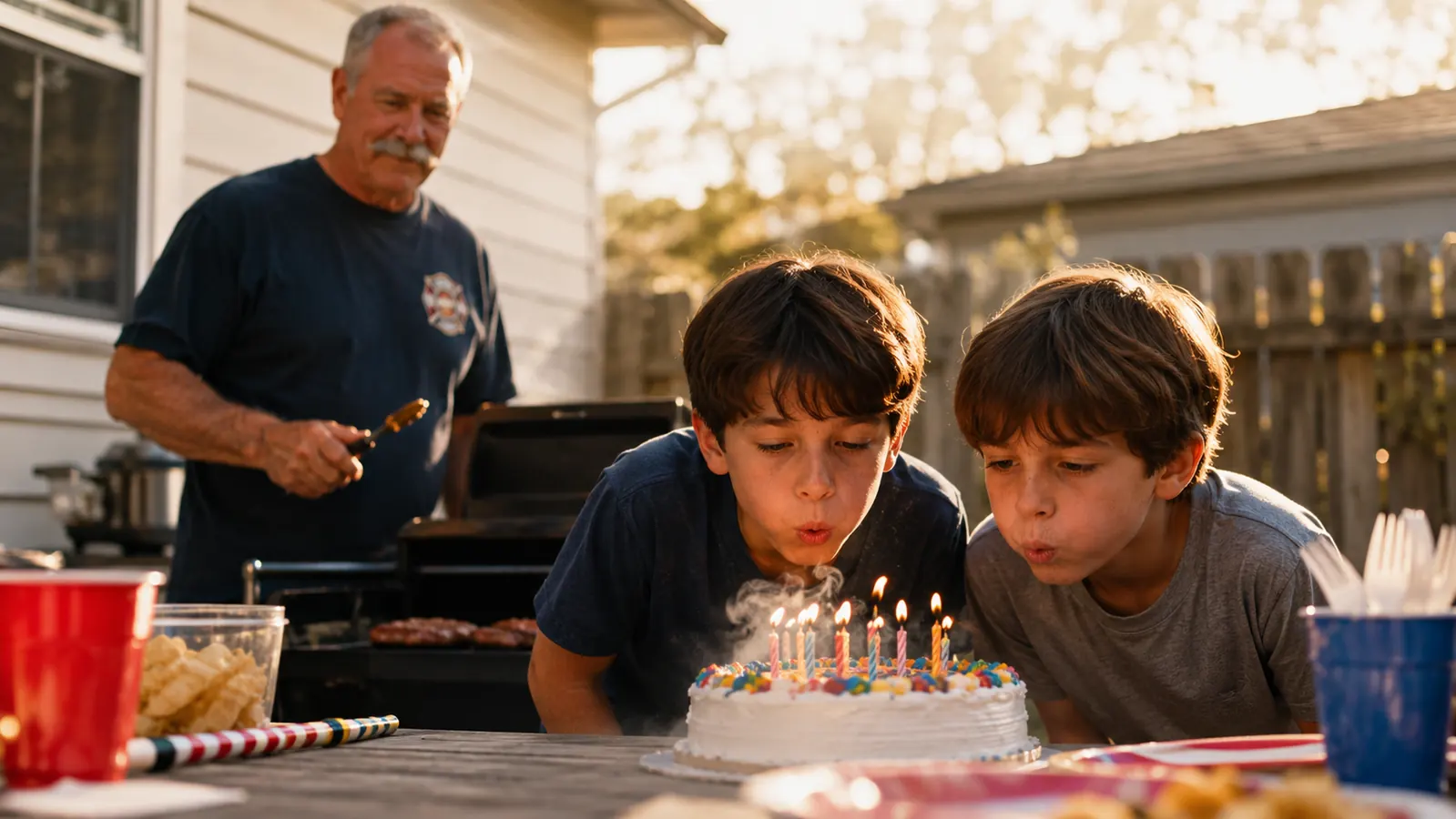 Two young boys blowing out birthday candles on a cake at an outdoor picnic table while a man grills nearby without leaving the yard