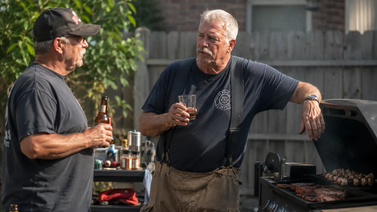 Two older men in ball caps standing together at a grill on a Sunday afternoon, a rolling prep cart stocked with tools parked beside them