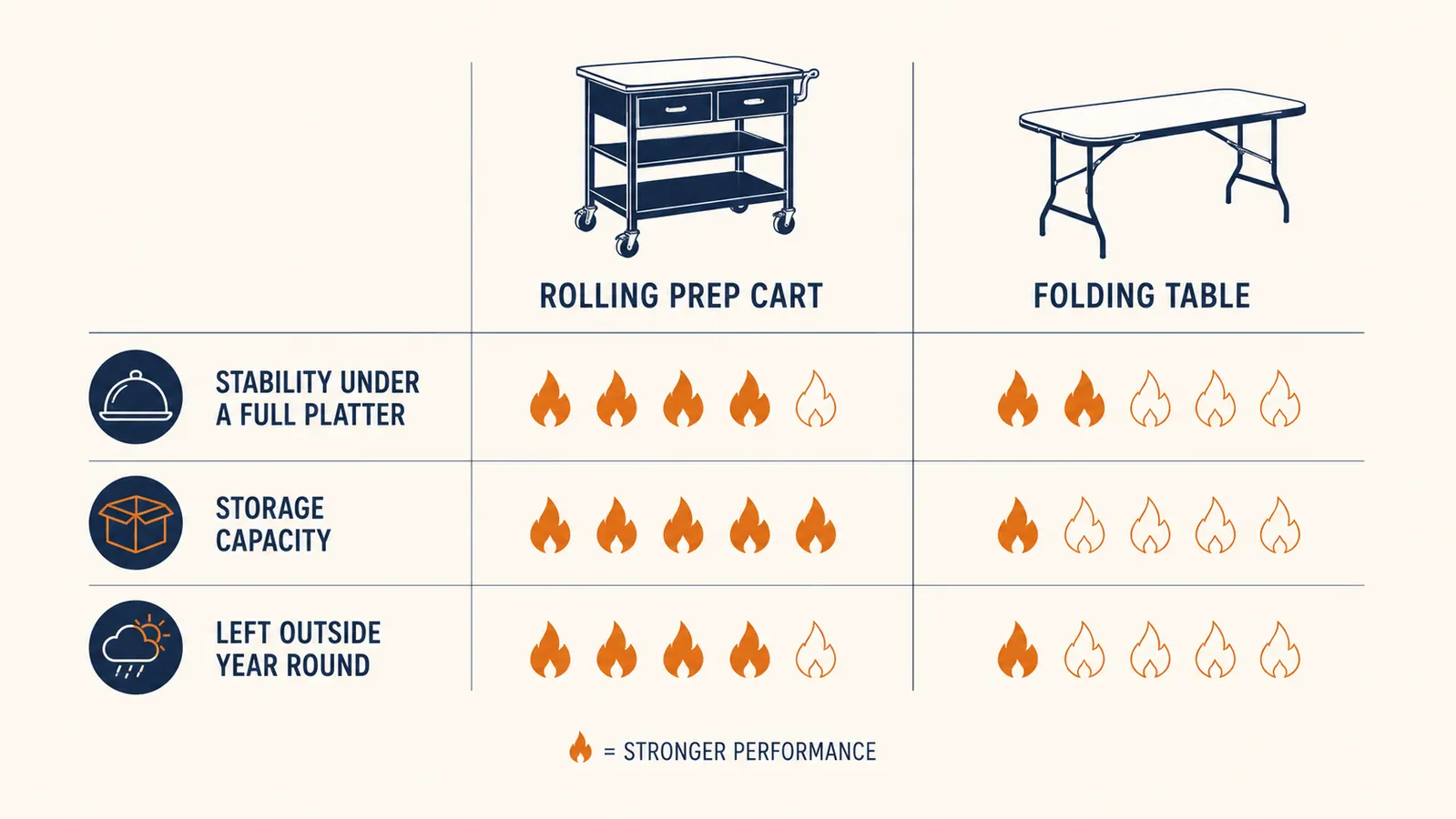 Chart comparing stability, storage, and weather resistance between a rolling prep cart and a folding table