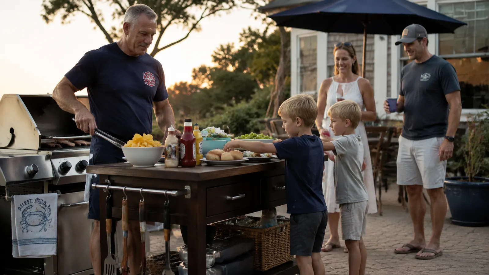 Family gathered around a rolling prep cart at a backyard cookout, kids reaching for food on the top shelf