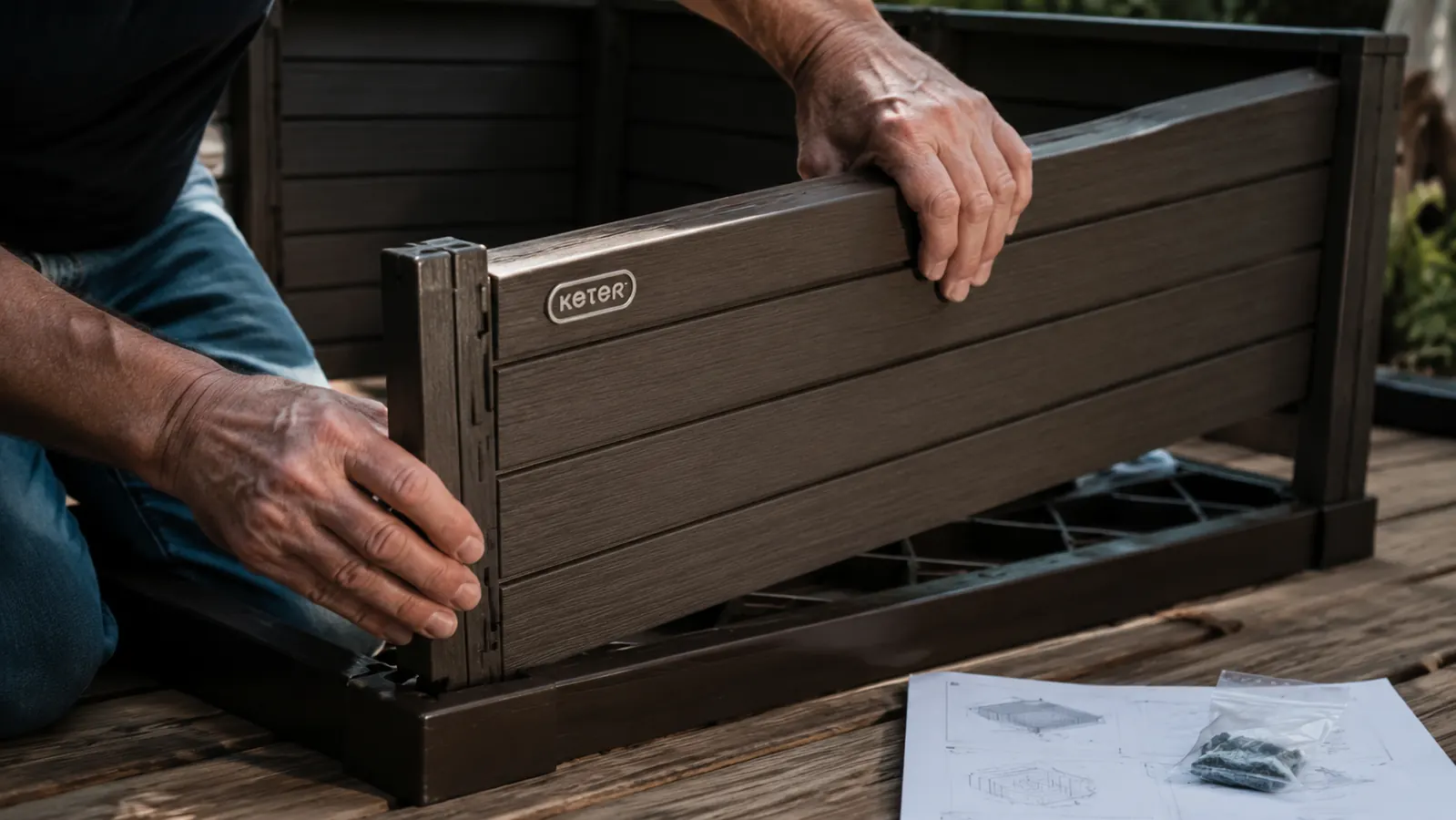 A man's hands assembling a resin cart panel on a deck, a small bag of hex screws and an instruction sheet spread out beside him