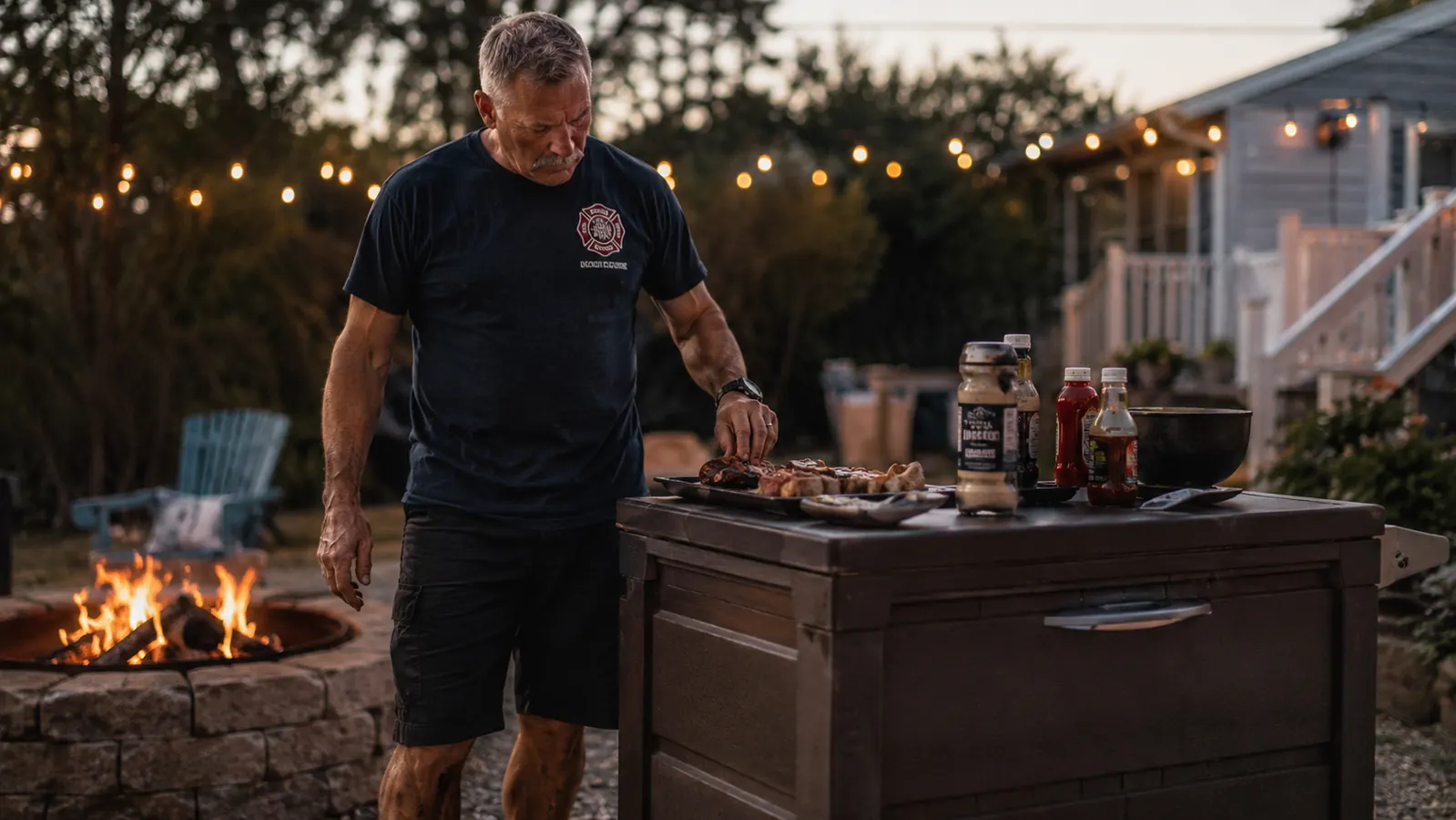 A prep cart with a slightly weathered top surface sitting on grass near a fire pit at dusk, condiment bottles and a platter on top