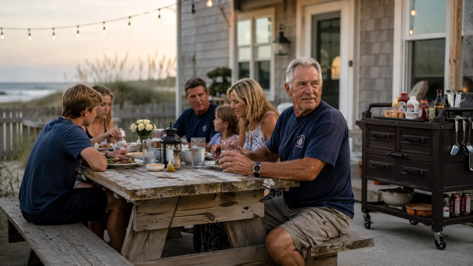 A family gathered around a patio table near a rolling prep cart, passing plates during a warm evening cookout