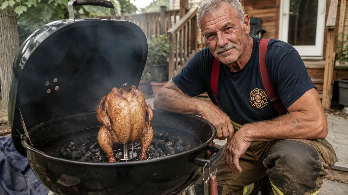 Whole chicken standing upright and steady on a grill grate using a metal vertical roasting stand, smoke and light char visible