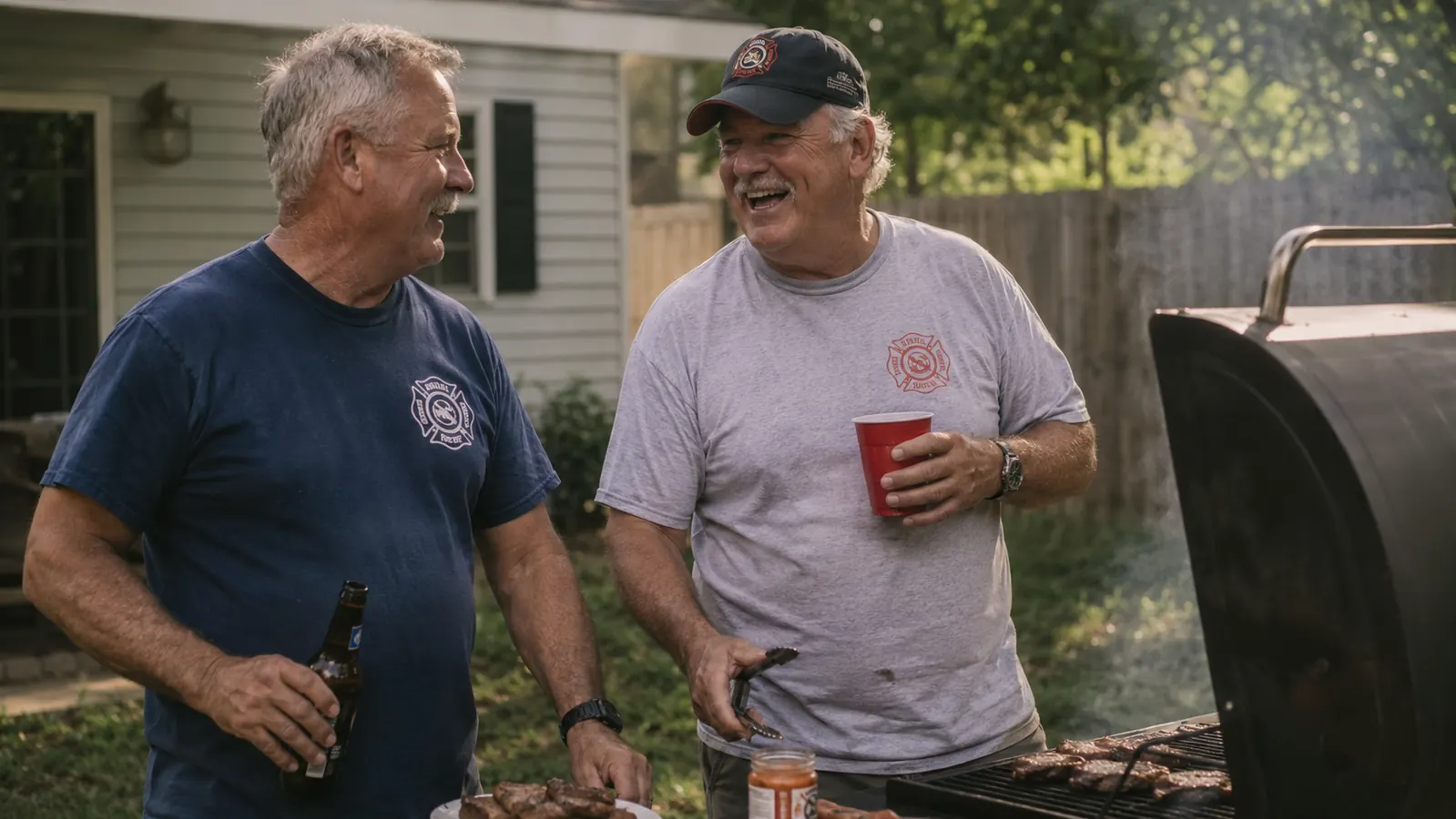 Two older men in ball caps standing at a grill together, one holding tongs, laughing during a Sunday cookout