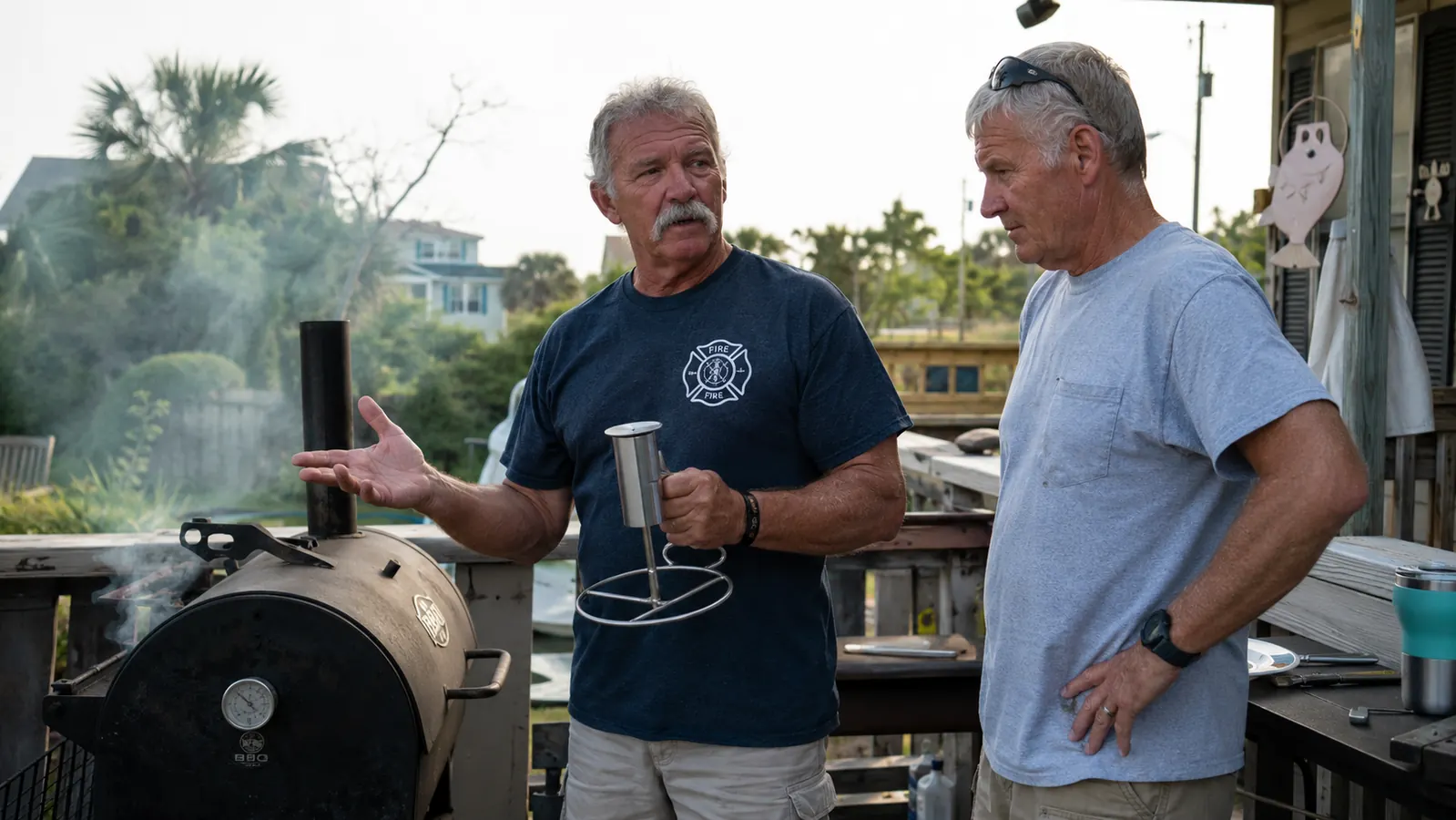 Two older men standing at a smoking grill on a back porch, one gesturing skeptically at a stainless steel chicken stand