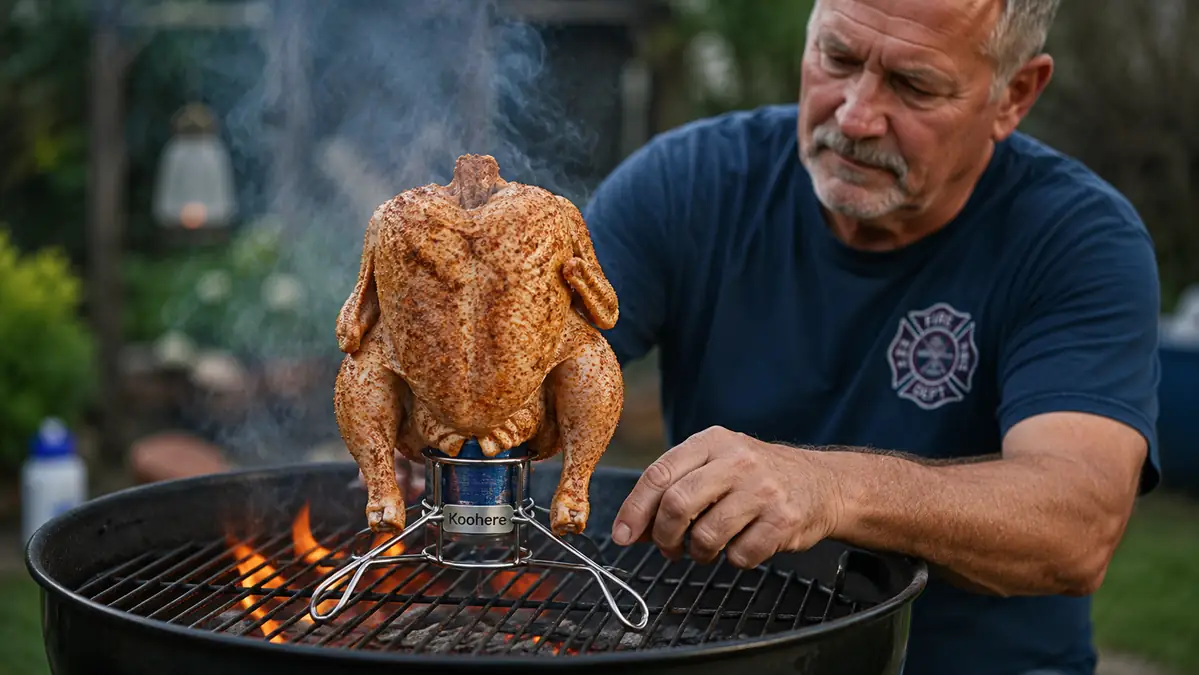 Whole chicken seated on a Koohere stainless steel holder resting on a lit charcoal grill
