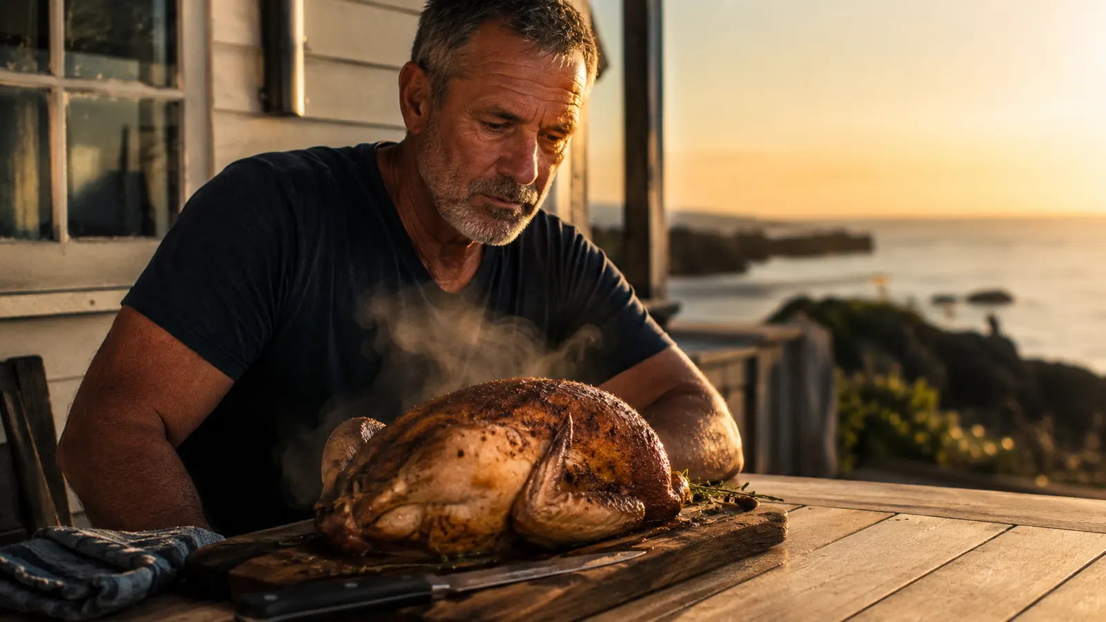 Finished whole roasted chicken resting on a cutting board on a porch table