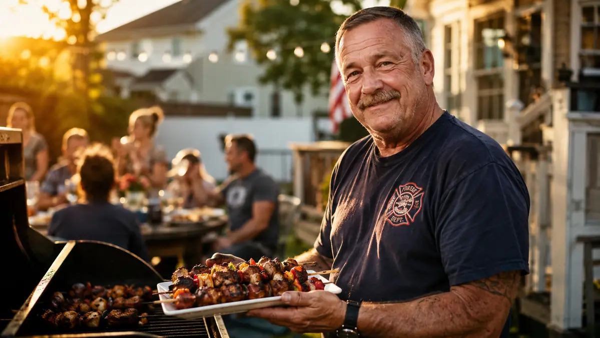Family gathered around a picnic table passing plates of grilled kabobs at sunset