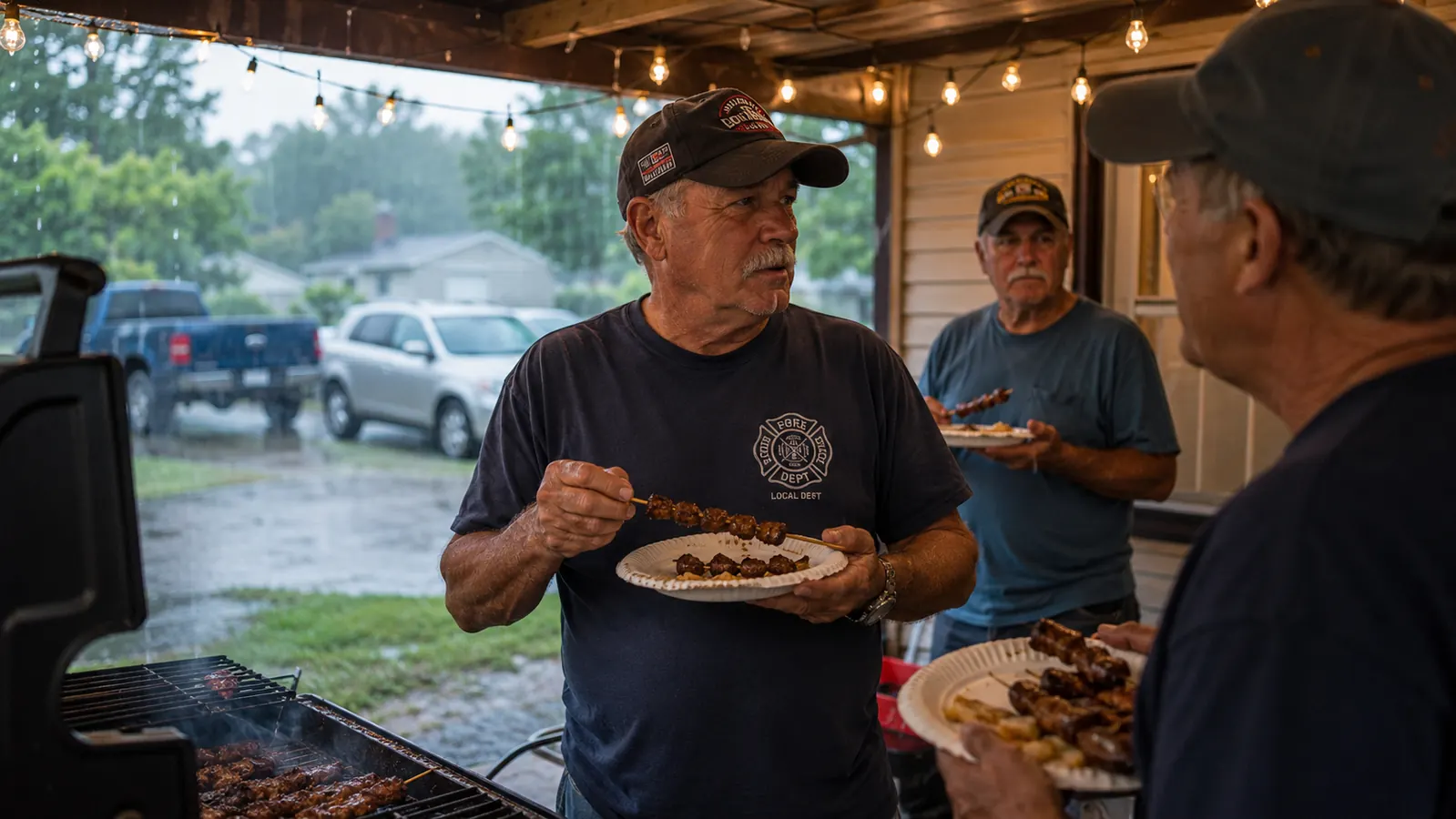 A group of retired firefighters eating grilled kabobs together under a carport during light rain