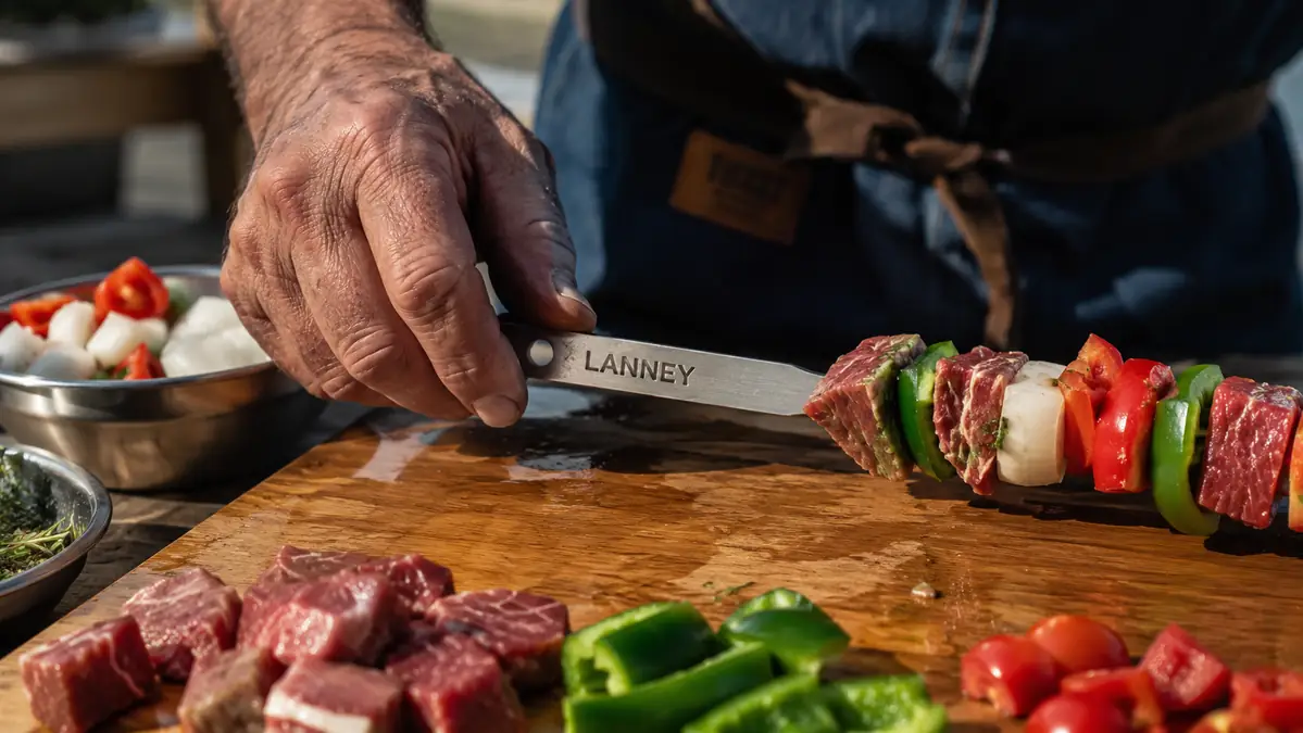 A hand threading chunks of steak, bell pepper, and red onion onto a flat stainless steel skewer over a cutting board