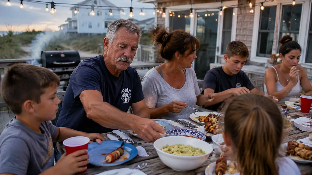 A family gathered around a patio table passing plates of grilled kabobs on a warm evening near the coast