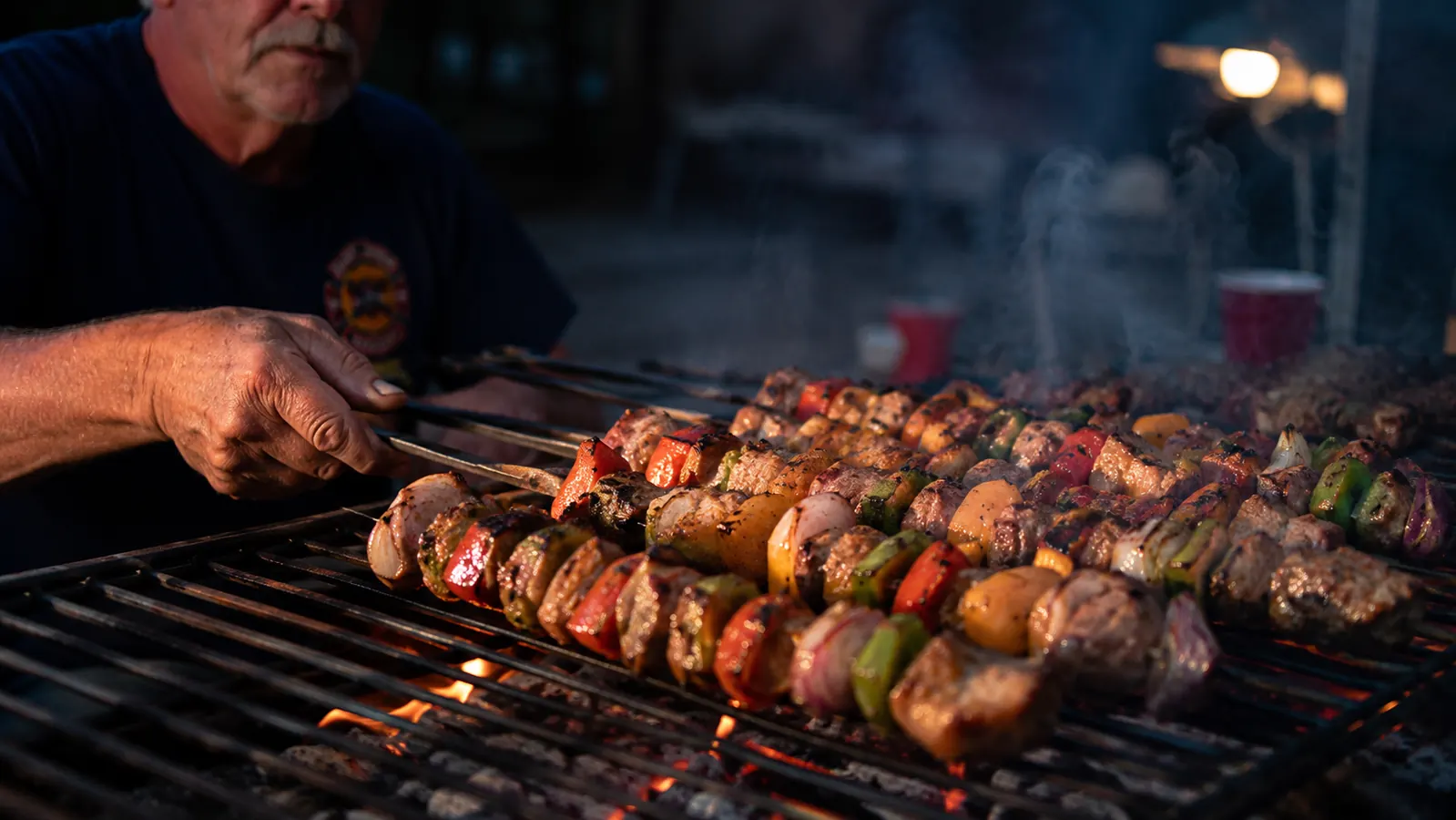 Kabobs made with flat metal skewers resting on a charcoal grill grate over open flame