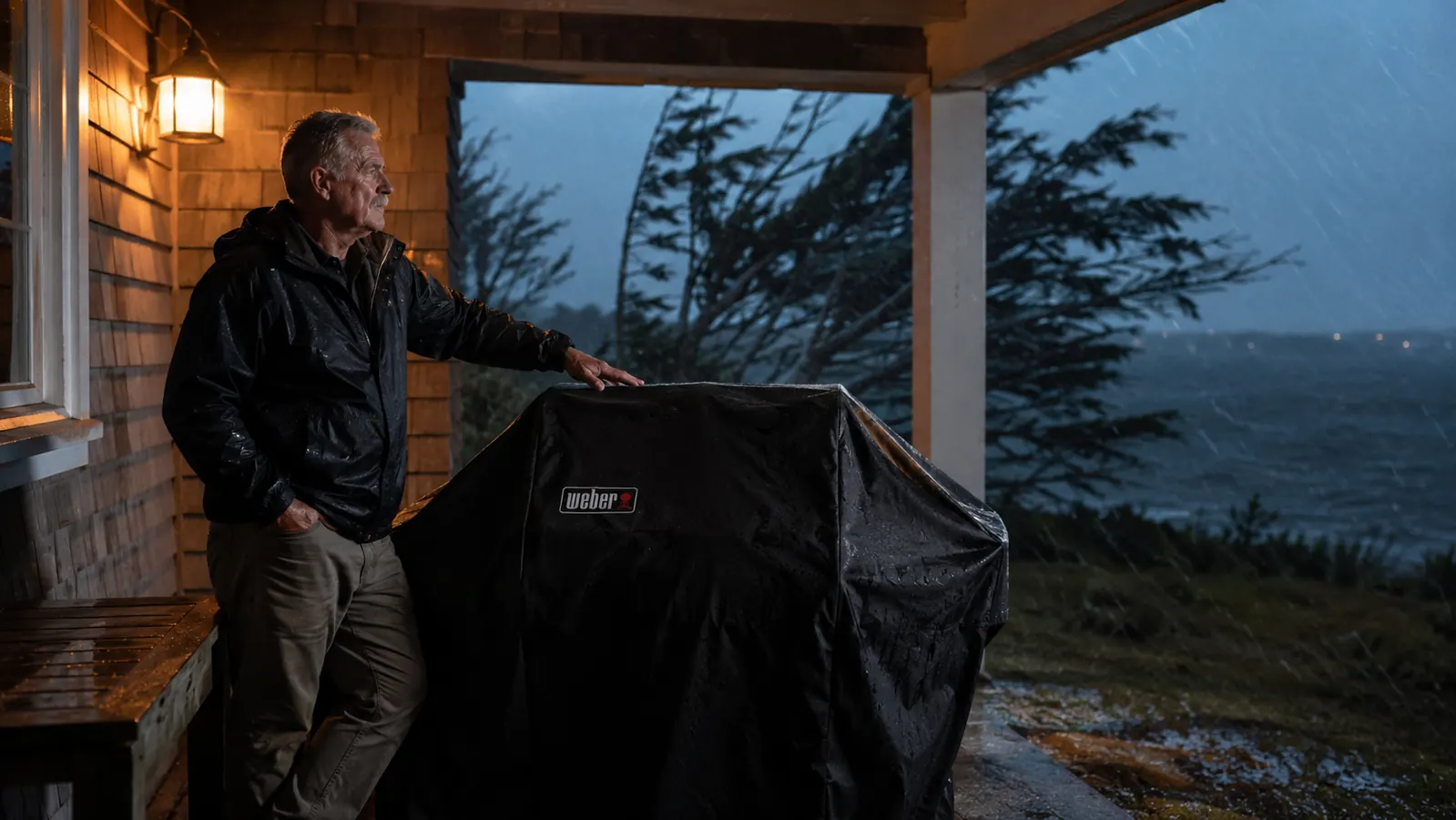 A covered gas grill sitting steady on a coastal porch during a windy, rainy evening with the neighborhood dimmed by storm weather