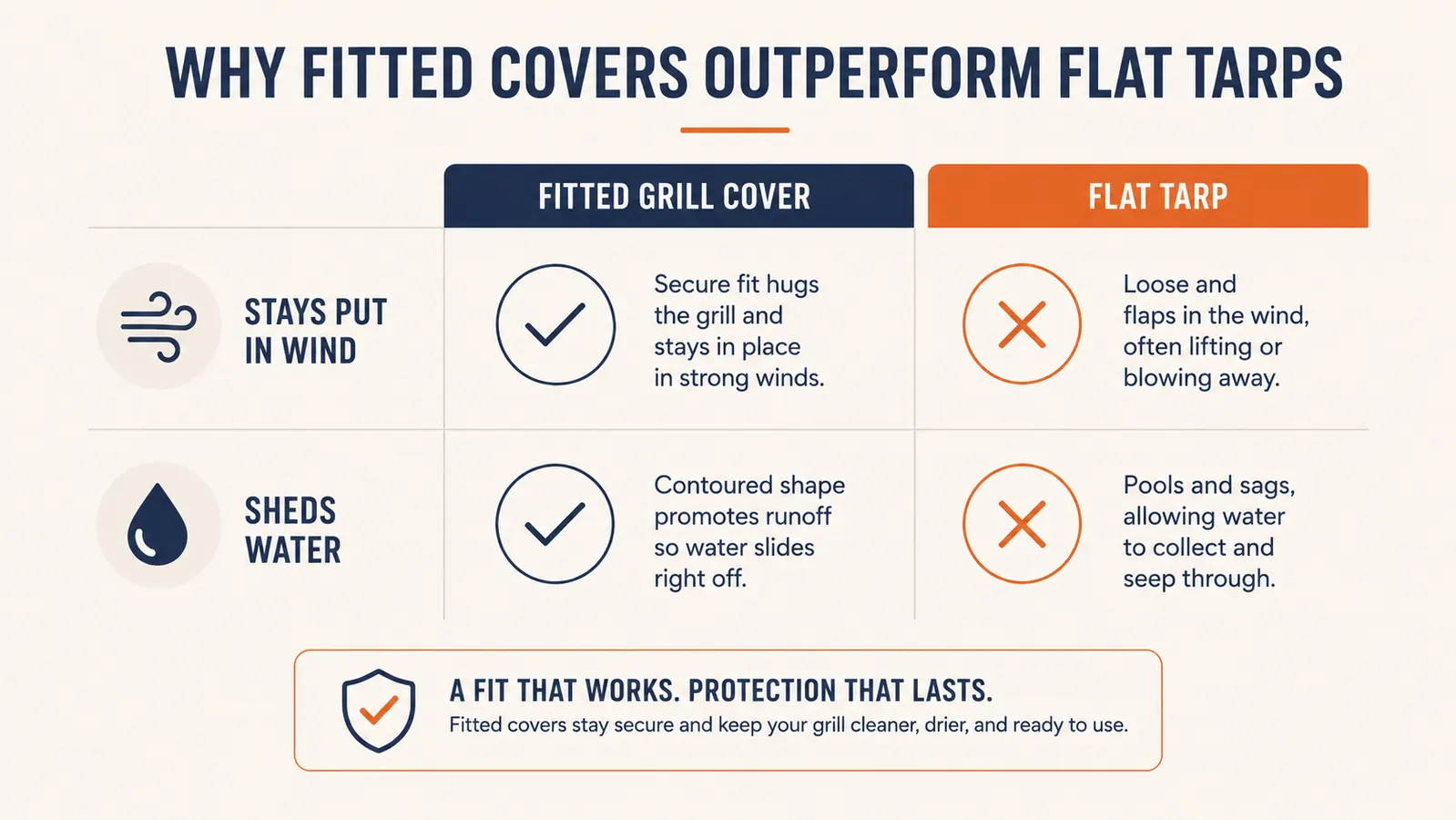 Chart comparing wind resistance and water beading between a fitted grill cover and a loose tarp