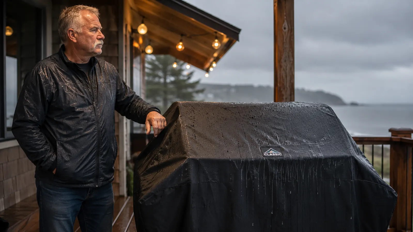 Gas grill under a fitted black VIBOOS cover on a porch during a light coastal rain