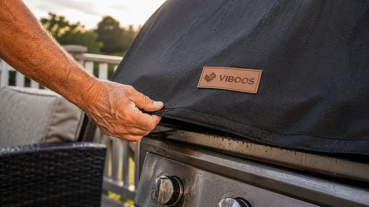 A hand lifting the edge of a black grill cover to check the underside of the grill hood for condensation