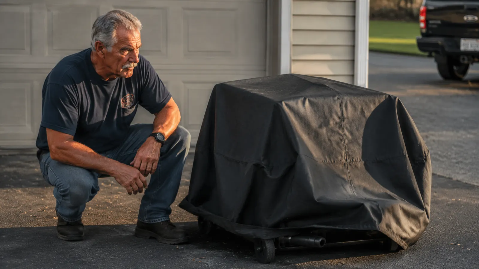 A smaller portable grill on a driveway with a black cover bunched loosely at the base, corner of the fabric lifting in the wind