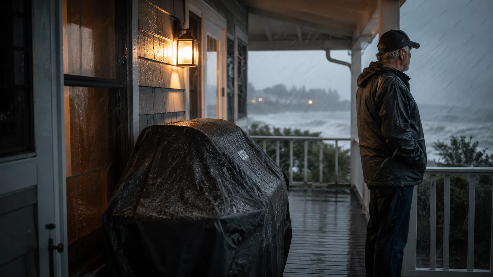 A gas grill wrapped in a black protective cover on a porch during a rainy, windy evening with porch lights glowing