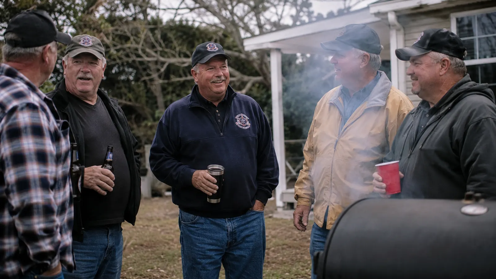 A group of older men in ball caps standing around a smoking backyard grill, swapping stories on a cool fall afternoon