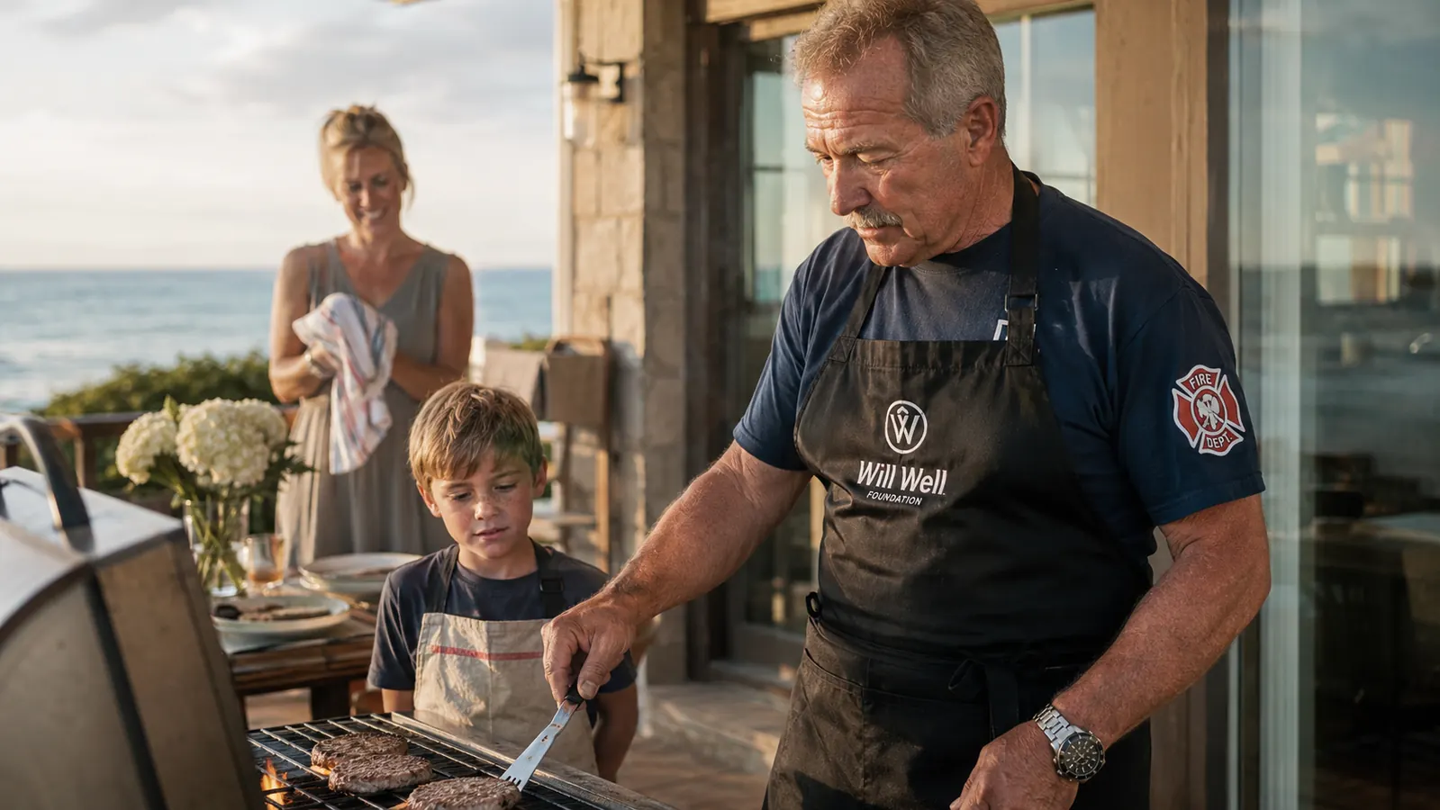 A young boy in a small apron standing next to a man at a grill, both looking at a platter of food with a woman nearby drying her hands on a towel